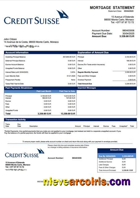 Monaco Credit Suisse (Monaco) mortgage statement Word and PDF template